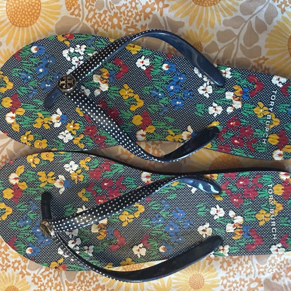 Tory Burch Multicolor Floral Flip Flops with Navy Polka-Dot Straps
